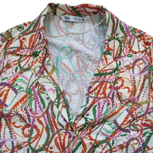 Zara Multicolor Abstract Paisley Button-Up Tie Front Cropped Blouse Colorful - Picture 5 of 11